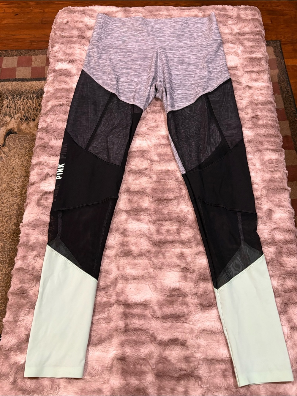 PINK Victoria's Secret Gray & Mint Green Bonded Color-blocked Leggings w/ Mesh